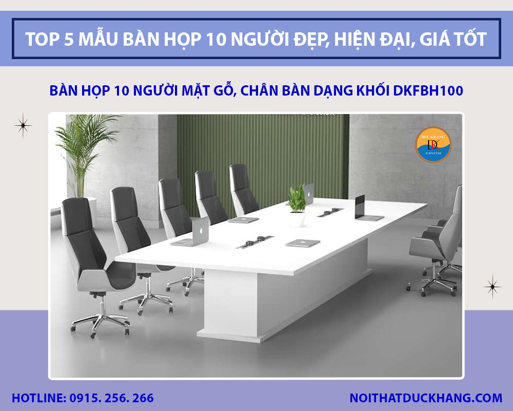 Bàn họp 10 người mặt gỗ, chân bàn dạng khối DKFBH100